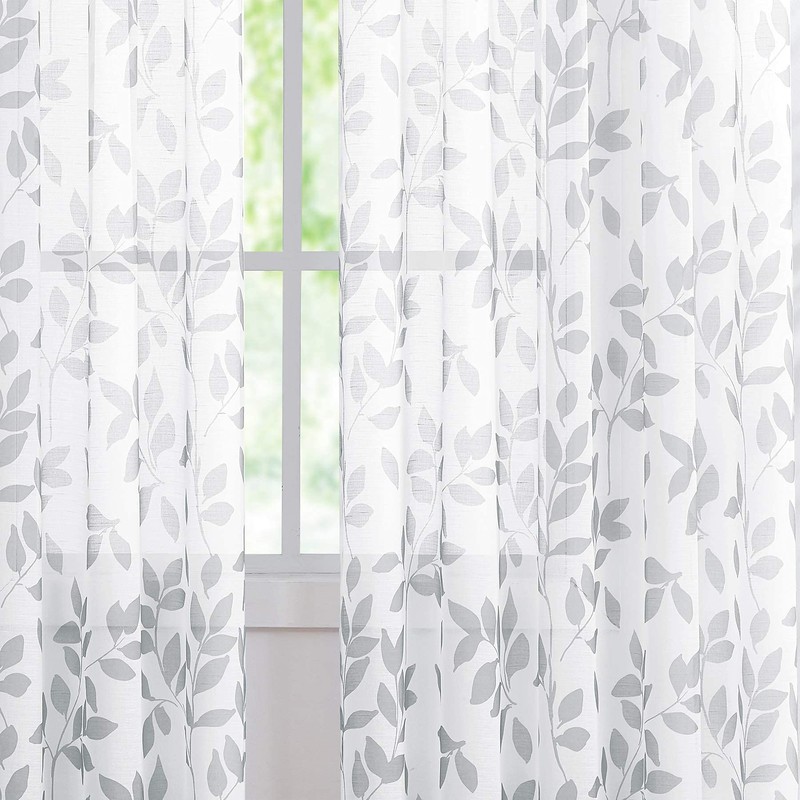 White Grey Leaf Sheer Curtains for Kids Bedroom 50 x