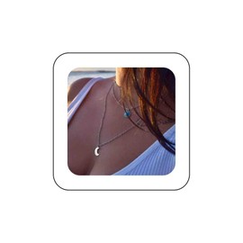 Dervivea Bohemia Layered Moon Necklace Choker Turquoise Pendant Necklace Silver Crescent Moon Necklace Chain Round Blue Gemstone Necklace Chain Jewellery for Women and Girls, Metal, Turquoise