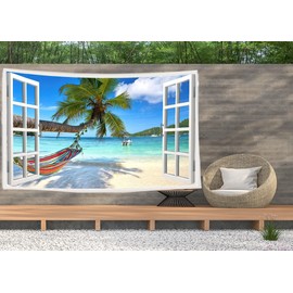Ulticool View Beach Sea Palm Trees Hammock - Tapestry Poster - 200 x 150 cm - Garden Poster - Large Tapestry - Decoration Accessory for Garden and Living Room