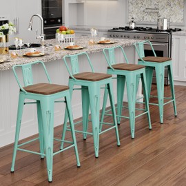 Alunaune 26" Metal Bar Stools Set of 4 Counter Height Barstools Industrial Counter Stool Kitchen Bar Chairs Modern Wood Seat-Distressed Blue