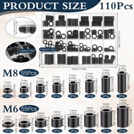 Pack of 110 Round Spacers Kit, 55 Pieces Spacer Sleeves M8, 55 Pieces Spacer Sleeves M6, Spacers with Storage Box, Black Spacer Sleeves Nylon Washers Insulation Washers