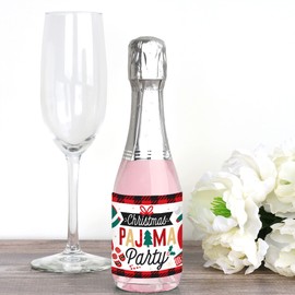 Big Dot of Happiness Christmas Pajamas - Mini Wine and Champagne Bottle Label Stickers - Holiday Plaid PJ Party Favor Gift for Women and Men - Set of 16
