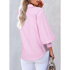 Astylish Womens Trendy Collar Long Sleeve Henley Shirts Fine Striped V-Neck Button Down Teacher Tops Blouse for Pocket Shirred Pink Large