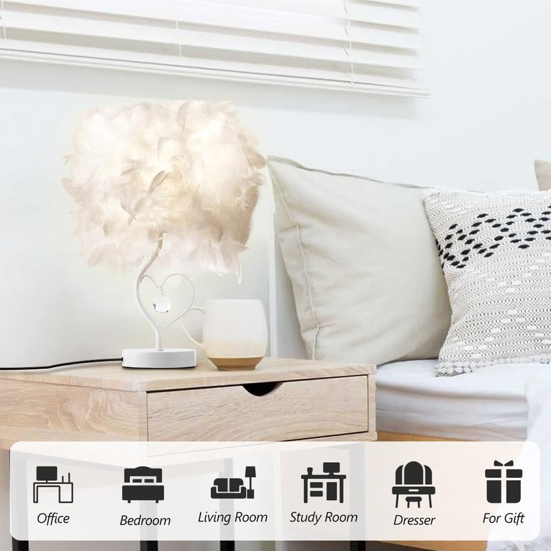 Feather Table Lamp, Bedside Table lamp for Bedroom, White Lamp