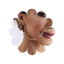 TseenYi Punk Nose Ring Chain Hoop Crystal Nose Rings with Chain Tassel Nose to Ear Chain Colorful Flower Tassel Nose Rings with Chain Ear Studs Nostril Body Accessories for Women Girls(Gold)