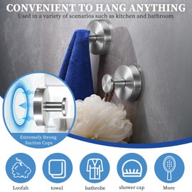 EUIOOVM Suction Cup Hook, Stainless Steel Towel Hook, Suction Cup Hooks Bathroom Extra Strong No Drilling Suction Hooks Extra Strong Bathroom Hooks Self-Adhesive Shower Hooks (2, Brushed Silver)