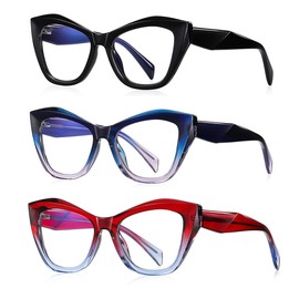 bullabulling 3Pack Oversized Oprah Style Reading Glasses For Women Men Spring Hinges Blue Light Blocking Computer Readers (black/blue/red, 2.0)