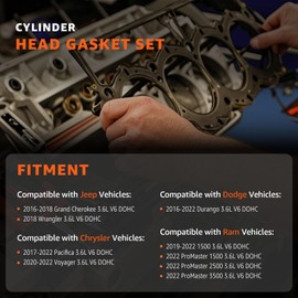 Head Gasket Set Compatible with Jeep Grand Cherokee 2016-2018 3.6L V6 Wrangler 2018, for Chrysler Pacifica 16-22, Voyager 20-22, for Dodge Durango 16-22 Ram 1500 19-22 ProMaster 1500 2500# HGS1184