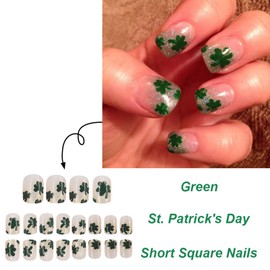 Green Clover Press on Nails Short Square St. Patrick's Day Fake Nails with Silver Glitter French Tip Design False Nails St Patricks Day Glue on Nails Clover Stick on Nails for Women Girls 24Pcs