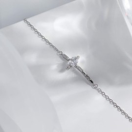 Sideways Cross Charm Bracelet, 925 Sterling Silver Dainty Minimalistic Horizontal Small Cross, Religious Holy Cross Christian Faith Jewelry