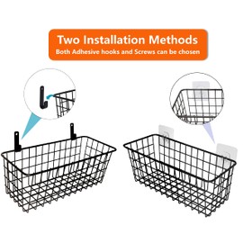 Joben Oligey 3 Set Hanging Wire Baskets,Wall Mount Fruit Basket,No Drilling,Adhesive Small Metal Basket,Farmhouse Food Storage Mesh Bin Kitchen Pantry Laundry Bathroom Closet Garage RV,Black