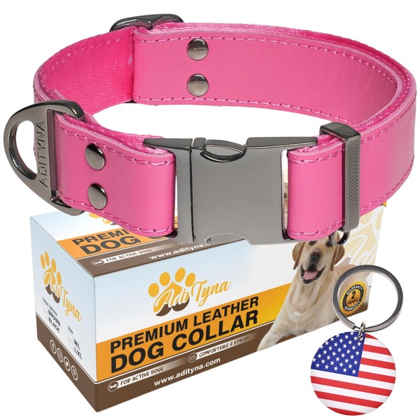 ADITYNA - Pink Leather Dog Collar with Metal Buckle for