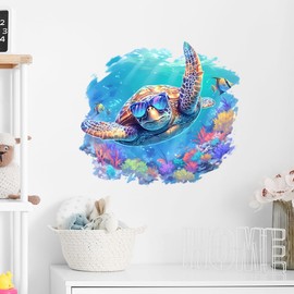 RoyoLam Sea Turtle Wearing Sunglasses Wall Decals Removable Animal Vinyl Stickers for Nursery Living Room and Bathroom Ocean Theme Decor Peel and Stick Wall Art
