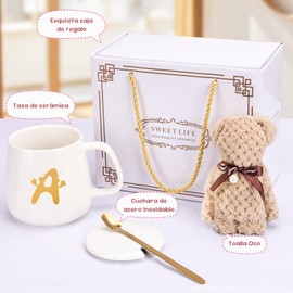 Tazas para Café, Taza de Café de cerámica con tapa y cuchara,Tazas de café en cajas de regalo,ideal como Regalos para Mujer Navidad y San Valentín, Regalos para Mamá y Día del Maestro