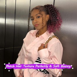 rosmile Short Kinky Curly Ponytail Extension for Black Women, 10 Inch Ombre Natural Black To Burgundy Drawstring Curly Ponytail with Two Clips, Synthetic Afro Drawstring Ponytail for Black Women