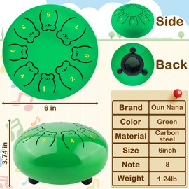 Oun Nana Steel Tongue Drum for Kids, 6 Inches 8 Notes Rain Drum for Outside Garden, Rain Chimes Musical Sound Healing Instruments with Soft Rubber Mallets, Music Book, Storage Bag, Green