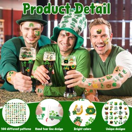 Huskein 100 PCS St Patricks Day Tattoos, Irish Themed St Patricks Day Accessories with Green Clover, St Patricks Day Temporary Tattoos for St Patricks Day Party Favors Decorations Parade