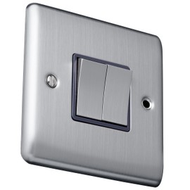 Caradok 2 gang 2 way plate switch Brushed Chrome, Metal Switch, Grey Insert