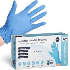 Handicare Blue Nitrile Disposable Gloves, Powder Free,Latex Free, Medical Exam, Cleaning and Food Prep, Non-Sterile, Textured Fingertips, Beaded Cuff, (Box of 100, Large)