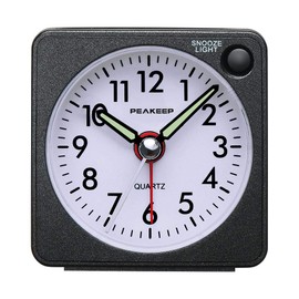 Peakeep Ultra Small, Battery Travel Alarm Clock with Snooze and Light, Silent with No Ticking Analog Quartz (Black)