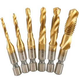 6 Pieces HSS Metal 1/4 Inch Drill Tap Set, M3 M4 M5 M6 M8 M10 Metric Thread Spiral Screws Tap, Thread Cutting Various Threads Hex Shank Titanium Coated Combination Set