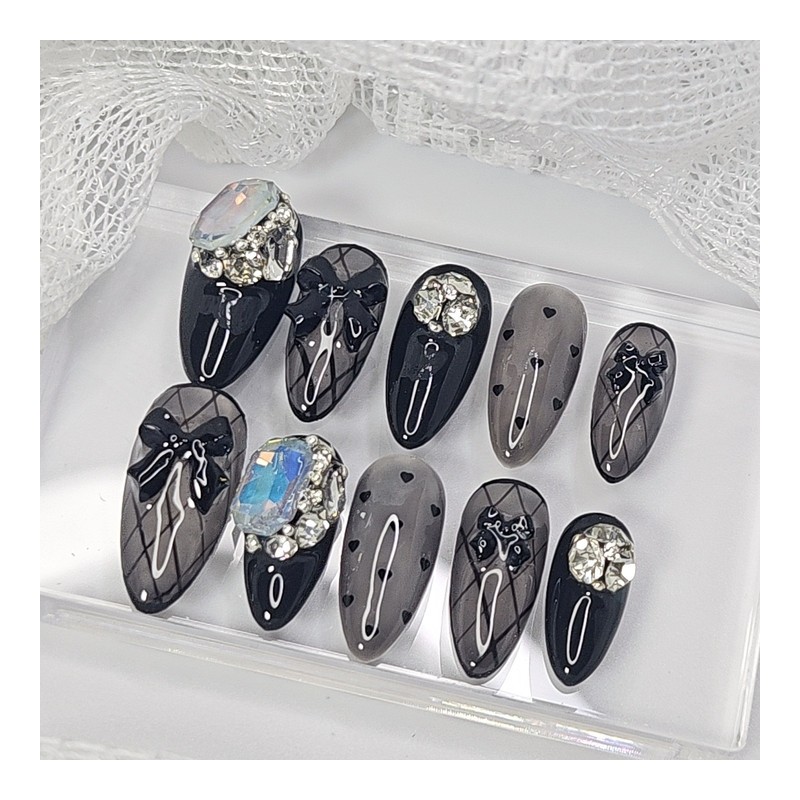 Black see-through handmade nail tips - Coffin / 블랙 시스루