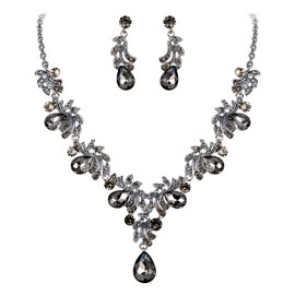 BriLove Wedding Bridal Jewelry Set for Women Crystal Teardrop Filigree Leaf Twig Enamel Statement Necklace Dangle Earrings Grey Black Silver-Tone