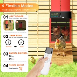 ZenxyHoC Chicken Coop Door Solar Powered with Programmable Remote Control, Automatic Aluminum Chicken Door 4 Modes with Color LCD Display