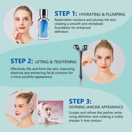 V Line Lifting Kit for Women, Double Chin Strap w/ 3D Face Roller & Hyaluronic Acid Serum for Face Lifting and Jawline Shaper | Comfortable, Adjustable, and Pressure-Free (Pink, M)