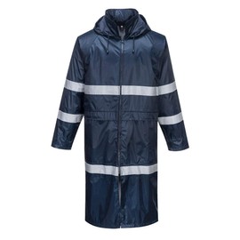 Portwest F438 Men's Waterproof Raincoat - Reflective Long Rain Jacket with Hood and Pockets Navy, XX-Large