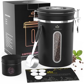 Coffee Canister for ground coffee with Transparent Window,Date Tracker CO2 Valve 304 Stainless Steel Kitchen Food Airtight storage container for Coffee Beans or Grounds, Tea, Sugar(black 22OZ)