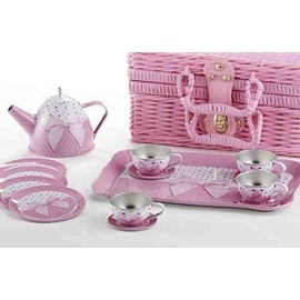 Delton Tin Tea Sets For Youth/ Kids/ Children Pretend Play With Storage Basket - 15 Pc Set Pink Bow