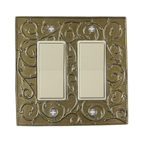 Meriville French Scroll 2 Rocker Wallplate, Double Switch Electrical Cover Plate, Aged Gold