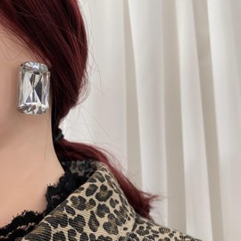 Dervivea Bohemia Crystal Square Earrings Shinny Square Stud Earrings Silver Large Square Drop Earrings Minimalist Square Stud Earrings Jewelry for Women