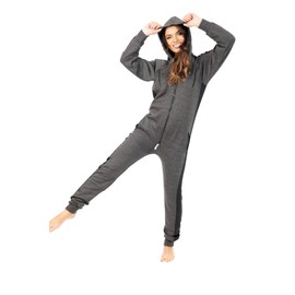 newfacelook Womens Onesie Ladies Jumpsuit One Piece Pajamas Striped Onesies Womens Unisex Nightwear All in One Hooded Onesies for Women Zip Up Fleece Overall Jumpsuit Playsuit S-XL Charcoal