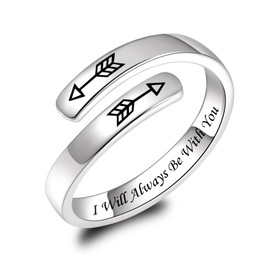 925 Sterling Silver Inspirational Ring Adjustable Rings Personality Encouragement Jewelry Gifts for Women(Design 2: I Will Always Be With You)