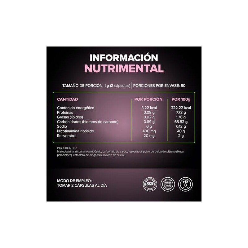 Bty 180 Cápsulas Nicotinamida Ribósido Resveratrol Suplemento Mujeres Hombres Enfoque