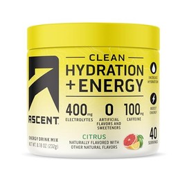 Ascent Clean Hydration + Energy Electrolytes Powder - 100mg Caffeine, 400mg Electrolytes, No Artificial Ingredients, Citrus 40 Servings