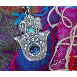 Long Large Silver Plated and Turquoise Hamsa Hand Pendant Necklace with Hand Painted Evil Eye Protection Boho Jewelry for Teen Girls Women Bohemian Accessories Goddess Arts Collection