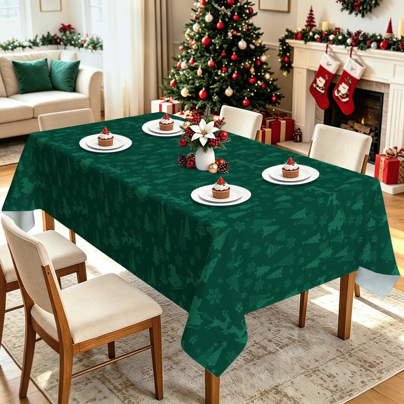 Christmas Santa Claus Deer Rectangle Table Cloth Green 60x84inch
