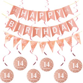 Happy 14th Birthday Banner + Triangle Flags Happy Birthday Garlands + 14th Birthday Hanging Decoration Spirals Set, Rose Gold 14th Birthday Decoration for Girls, 14th Birthday Girls Hanging Decoration
