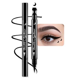 BINGBRUSH Double-head Liquid Stamp Eyeliner Pencil, Colors Flowers Heart Moon Star Shapes Face Stamps Makeup Colorful Waterproof Slim Gel Felt Tip High Pigment Liquid Eyeliner (02#Moon&Black)