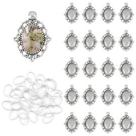 UNICRAFTALE 40 Sets Oval Blank Bezel Pendant Trays Base Antique Sliver Cabochon Setting Trays Pendant Bridal Wedding Bouquet Graduation Photo Charm with Glass Cabochons for DIY Crafts Jewelry Making