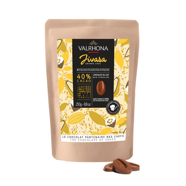 Valrhona Premium French Baking Creamy Milk Chocolate Discs (Feves). JIVARA 40% Cacao. Easy Melt and Tempering. Hints of Vanilla and Malt. For Cookies, Mousses, Frostings and Candies 250g (Pack of 1)