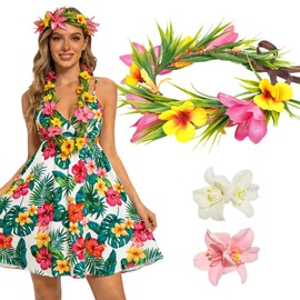 YOUDRN Hawaiian Leis Flower Crown Headband with Ribbon, 3 Pcs Tropical Floral Headpiece and Flower Hair Clips Luau Accessories for Women Girls Luau Party Decorations