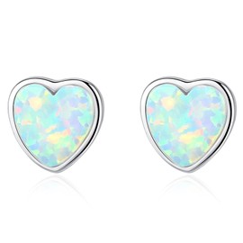 Bellitia Jewelry Women's Opal Earrings, Heart Shape, Cute, White, Blue, Green, October, Birthstone Stud Earrings, Platinum Plated, Silver 925, Accessory, Sterling Silver