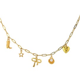 Mikovivi Western Cowboy Boots Beach Necklace, Delicate Golden Beach Jewellery, Golden Bow Shell Pendant, Paper Clip Necklace for Women, Fashionable Summer Jewellery, Clothing Accessories, Stainless