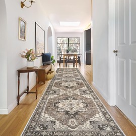 Washable Kitchen Runner Rug - 2'6''x12' Hallway Rug Distressed Mats Non-Slip Soft Room Floor Carpet for Dining Room (Beige, 2'6'' x 12')