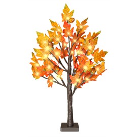 24 Inch Lighted Maple Tree with 36 Lights, 6 Acorn, Timer Battery Operated Tabletop Artificial Fall Tree for Thanksgiving Harvest Home Decor, Fall Table Centerpiece Decorations