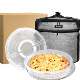 Arineng 2 pack pie carrier with lid and handle,of insulated bag,pie carriers for transport,Holds 3 pies/Pizza,Thanksgiving Day (Grey, 2 pie carriers + insulated bag)